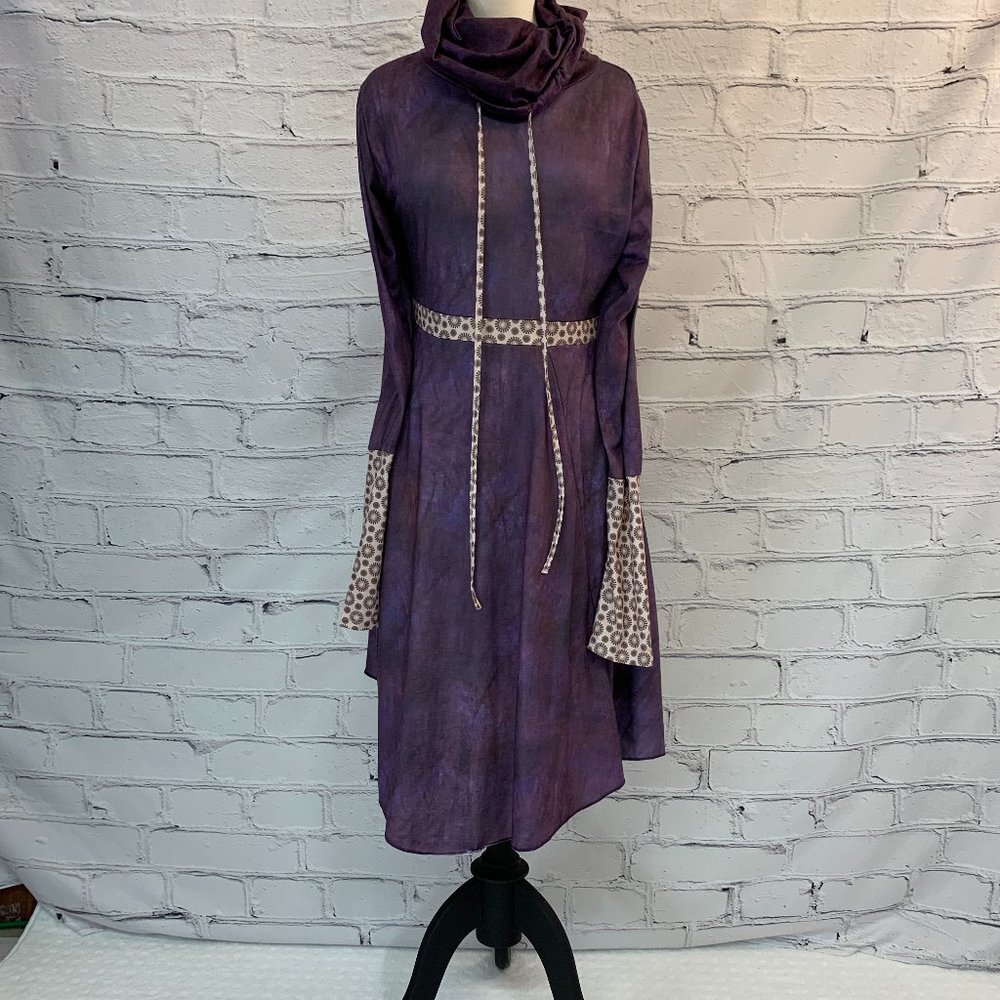 Interesting Bohemian Cowl Dress with handkerchief hem and contrasting sleeves